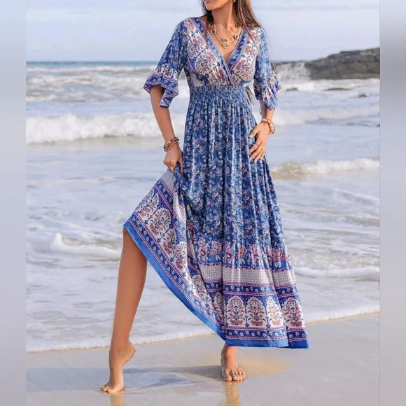 New Flowy Floral Wrap Top Ruffle Sleeve Long Dress Blue - Picture 2 of 8